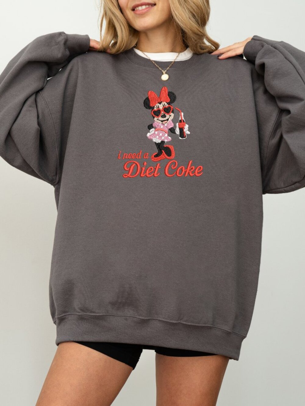 Embroidered Minnie Mouse I Need A Diet Coke Sweatshirt